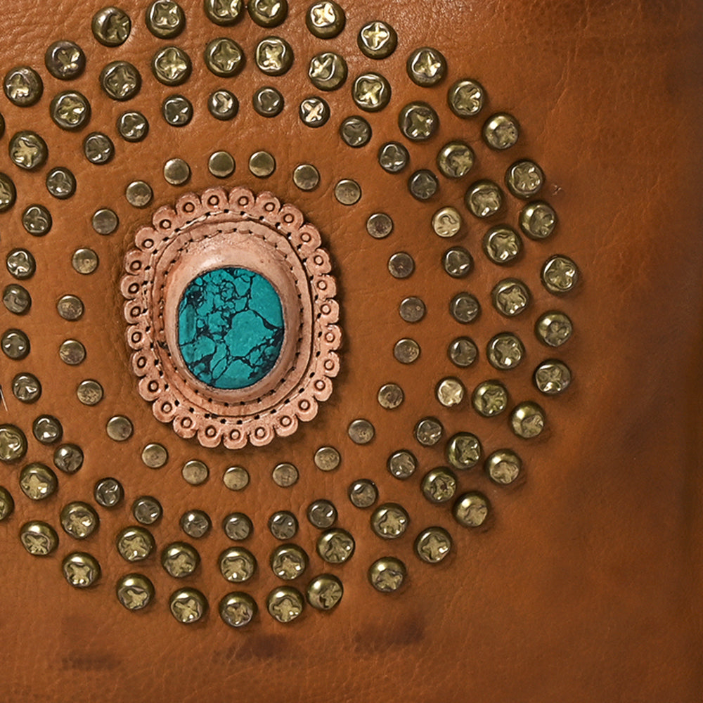 ADBGM353 Leather Crossbody Bag with Studded Circle & Turquoise Concho - Western Grommet Shoulder Purse