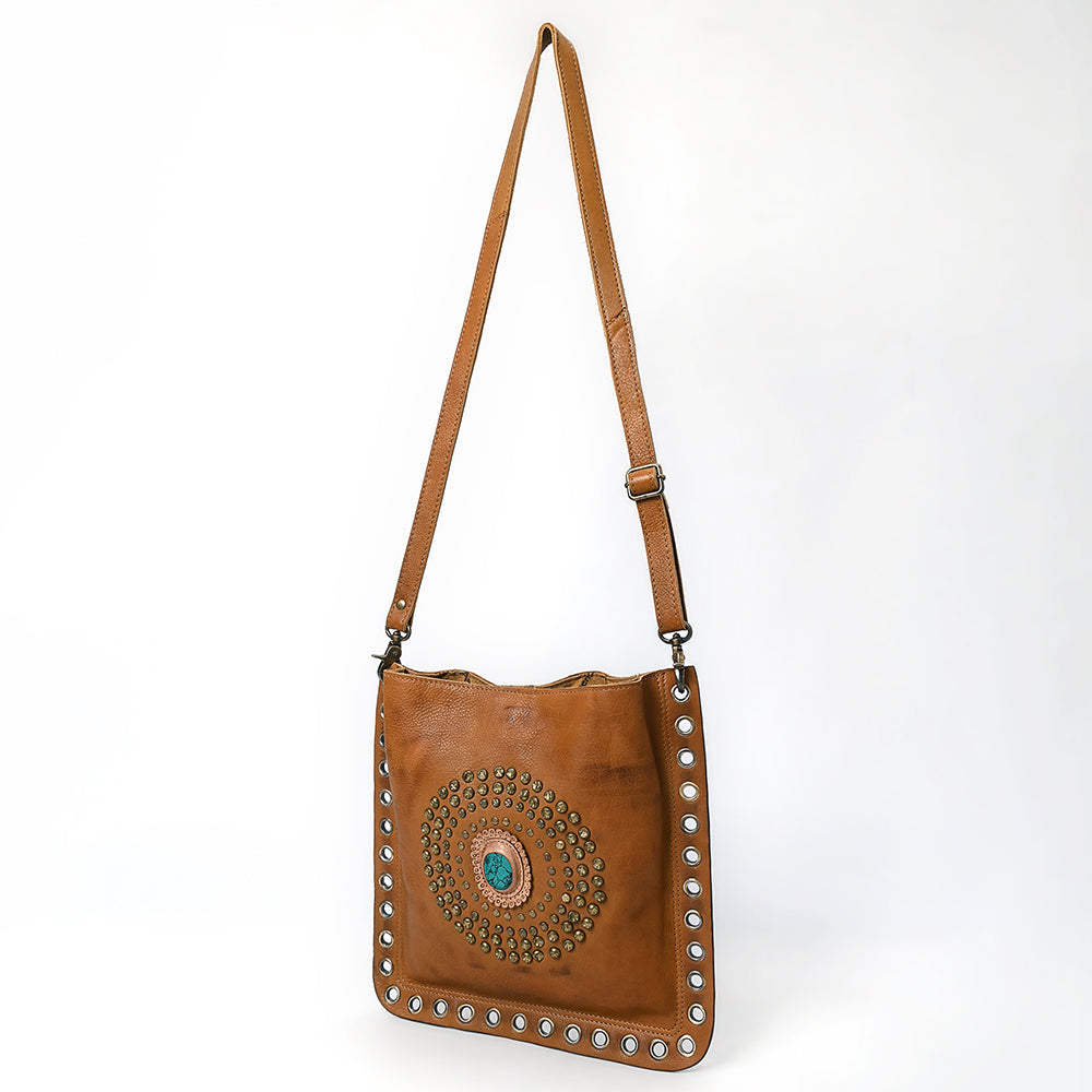 ADBGM353 Leather Crossbody Bag with Studded Circle & Turquoise Concho - Western Grommet Shoulder Purse