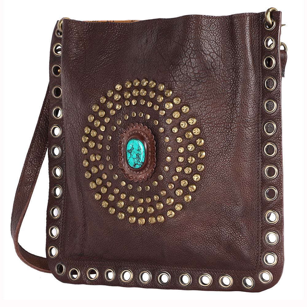 ADBGM353 Leather Crossbody Bag with Studded Circle & Turquoise Concho - Western Grommet Shoulder Purse