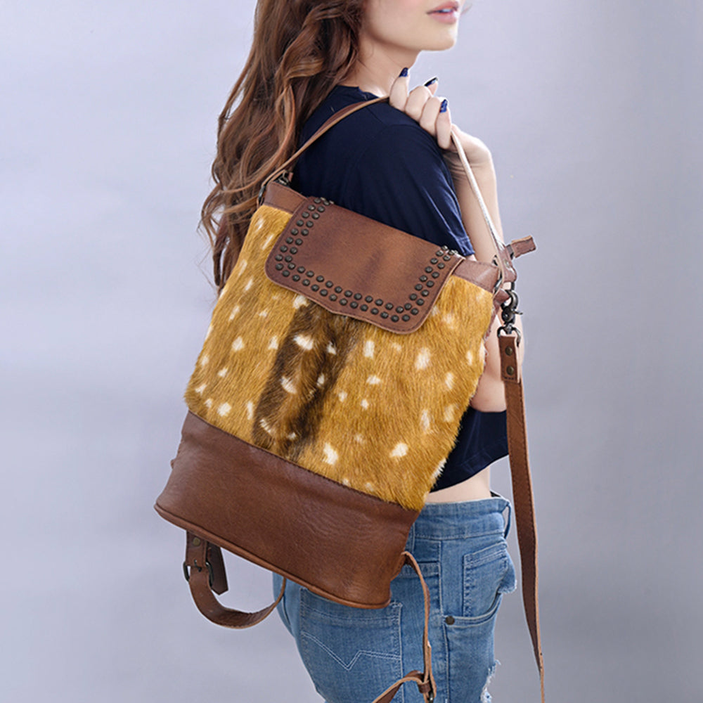 American Darling Western Hair-On Cowhide Leather Shoulder Bag with Studded Flap & Adjustable Strap