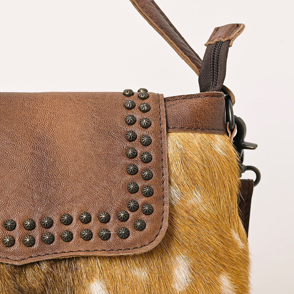 American Darling Western Hair-On Cowhide Leather Shoulder Bag with Studded Flap & Adjustable Strap