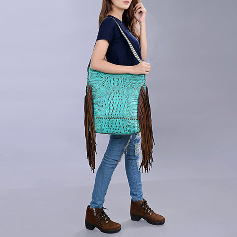 American Darling Crocodile Embossed Genuine Leather Western Fringe Shoulder Bag