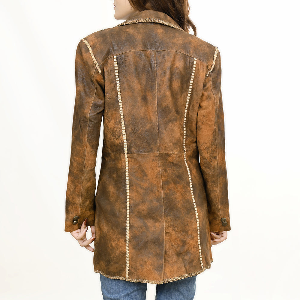 LC-ADJKT033 Women's Rustic Distressed Leather Blazer Coat & Beaded Accents