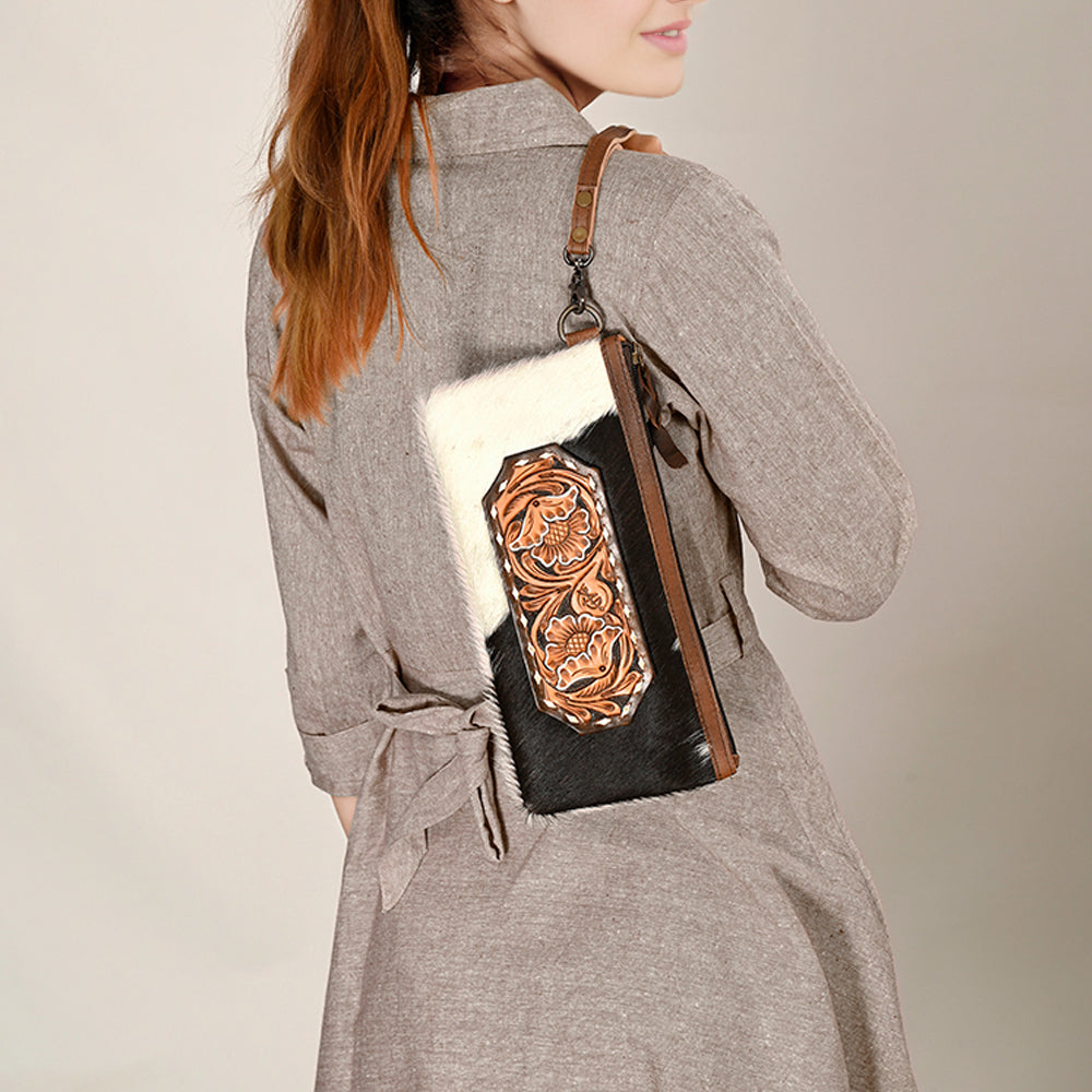 ADBG344 Hair-On Cowhide Wristlet with Tooled Leather Accent - Genuine Leather Western Clutch