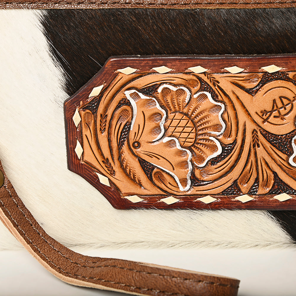 ADBG344 Hair-On Cowhide Wristlet with Tooled Leather Accent - Genuine Leather Western Clutch