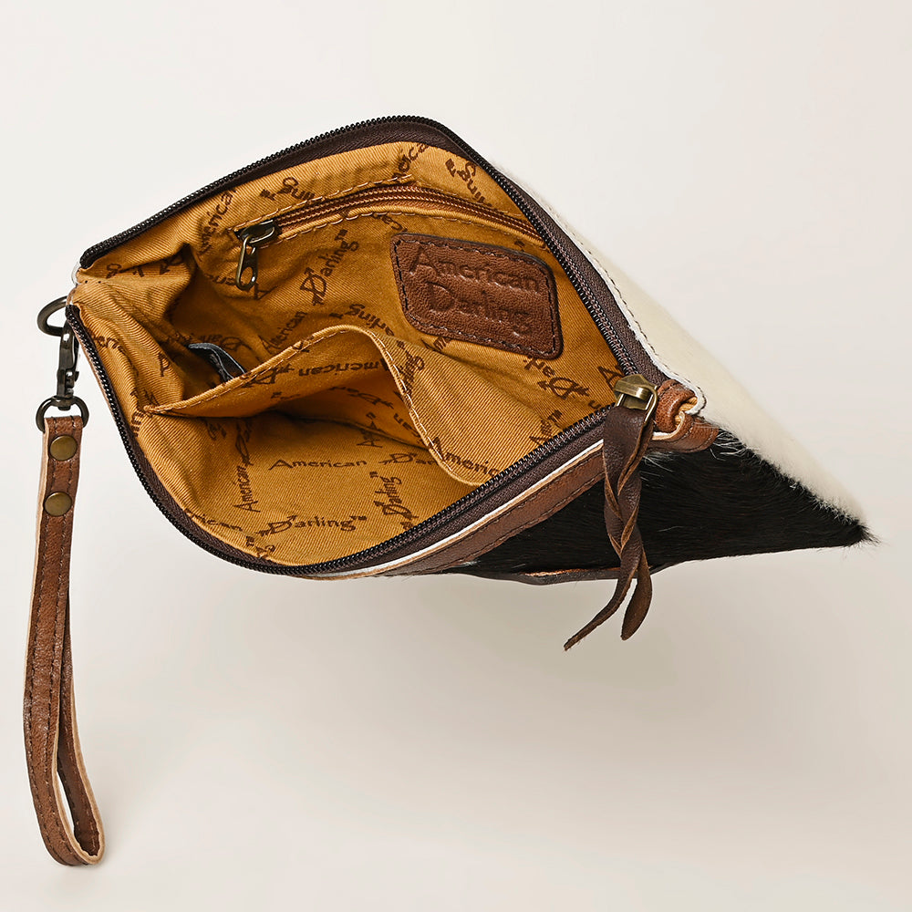 ADBG344 Hair-On Cowhide Wristlet with Tooled Leather Accent - Genuine Leather Western Clutch
