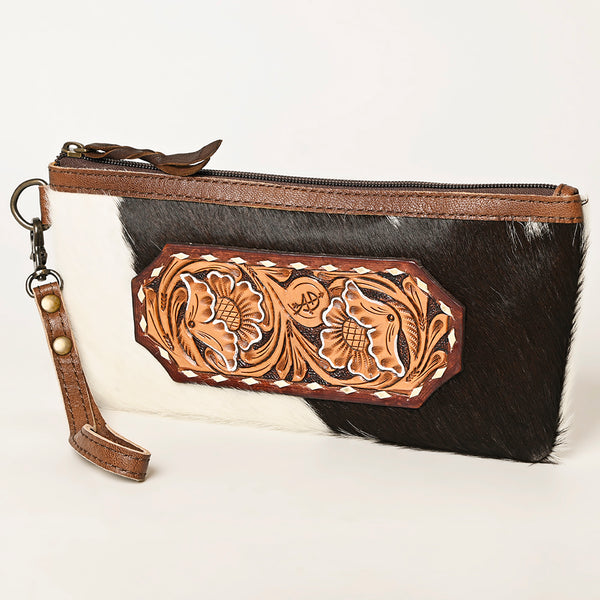 ADBG344 Hair-On Cowhide Wristlet with Tooled Leather Accent - Genuine Leather Western Clutch
