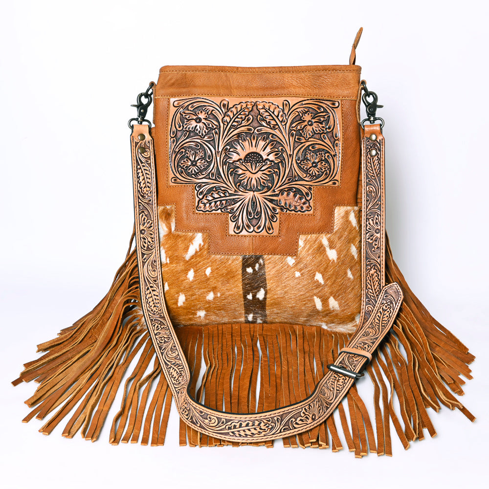 ADBG256 Tooled Leather & Cowhide Fringe Messenger Bag Western Boho Crossbody by American Darling