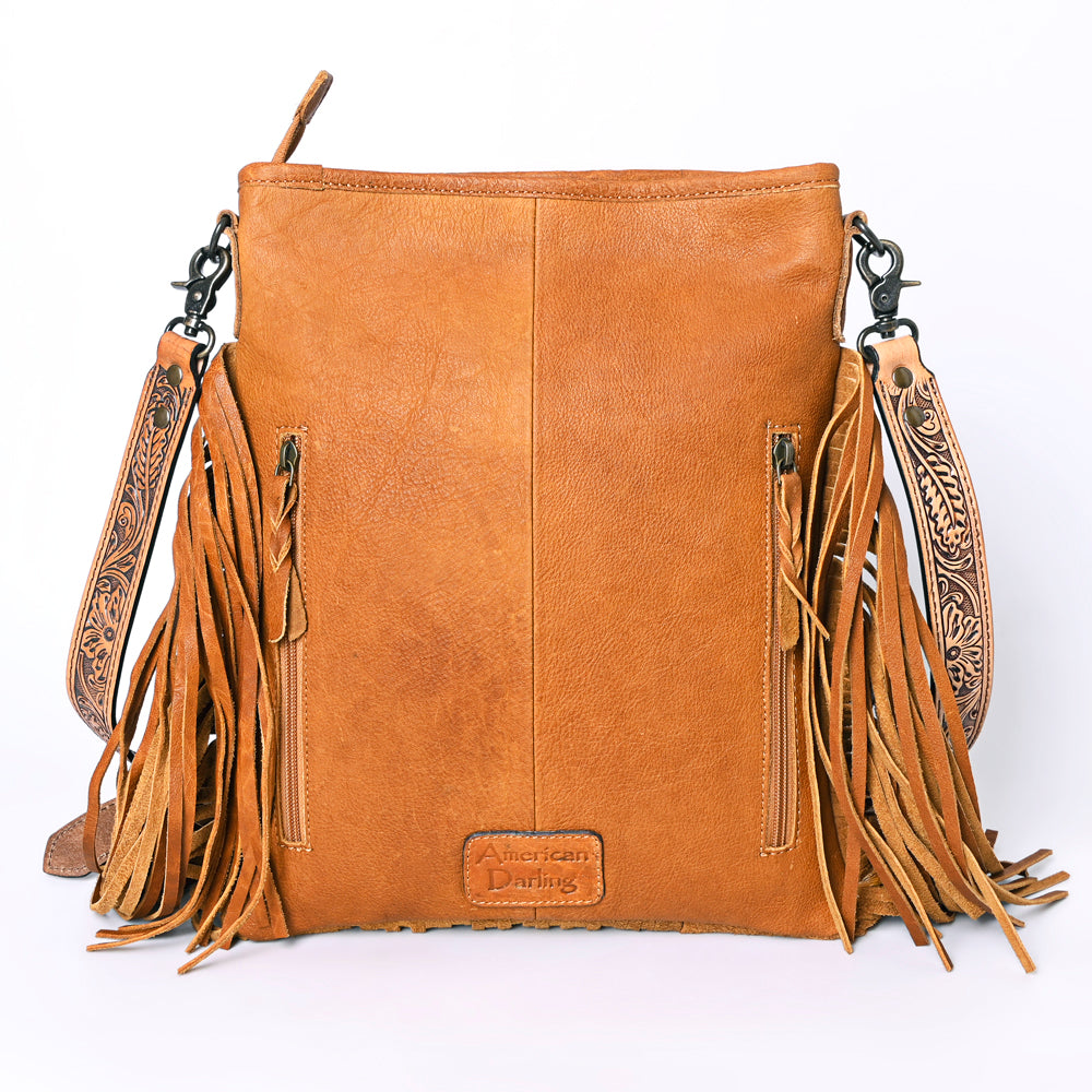 ADBG256 Tooled Leather & Cowhide Fringe Messenger Bag Western Boho Crossbody by American Darling