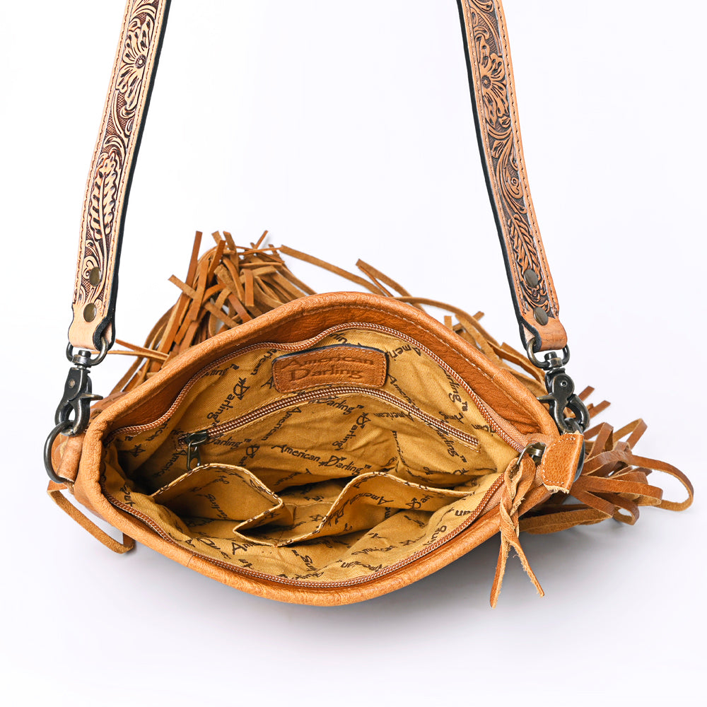 ADBG256 Tooled Leather & Cowhide Fringe Messenger Bag Western Boho Crossbody by American Darling