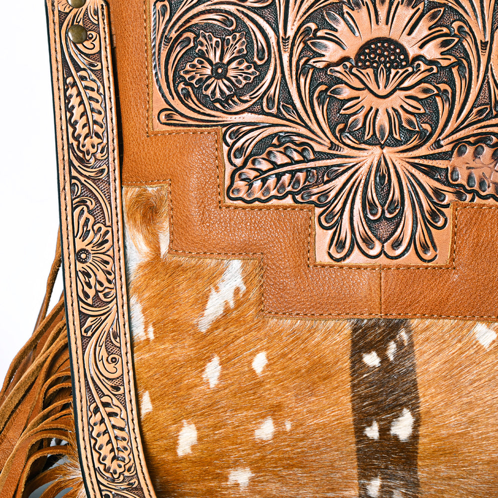 ADBG256 Tooled Leather & Cowhide Fringe Messenger Bag Western Boho Crossbody by American Darling