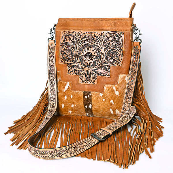 ADBG256 Tooled Leather & Cowhide Fringe Messenger Bag Western Boho Crossbody by American Darling