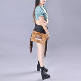 ADBG360 Spotted Hair-On Leather Crossbody with Tooled Patch & Fringe Western Shoulder Bag
