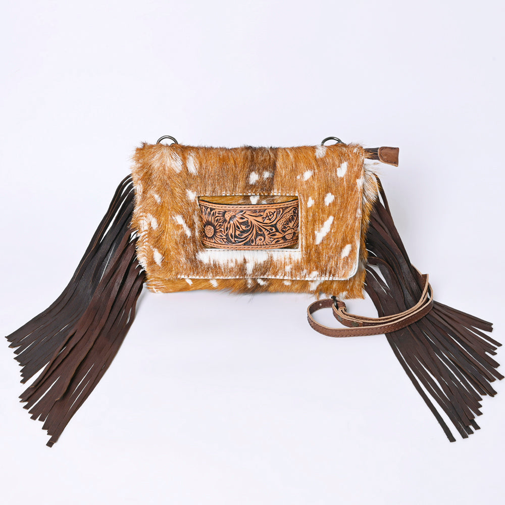 ADBG360 Spotted Hair-On Leather Crossbody with Tooled Patch & Fringe Western Shoulder Bag