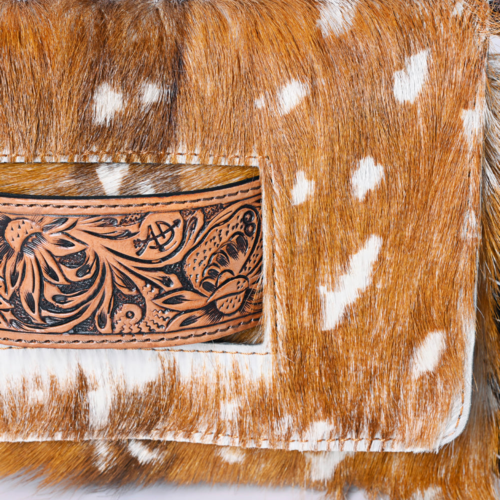 ADBG360 Spotted Hair-On Leather Crossbody with Tooled Patch & Fringe Western Shoulder Bag