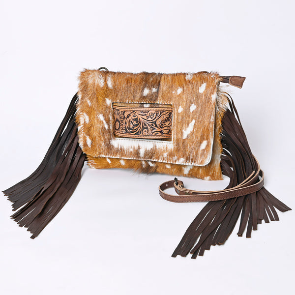 ADBG360 Hair-On Cowhide Crossbody Bag with Fringe and Tooled Leather Flap - Handmade Western Purse