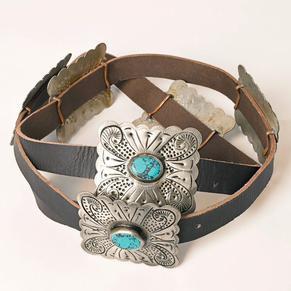 ADBLA106 Square Turquoise Concho Western Leather Belt with Scalloped Silver Accents
