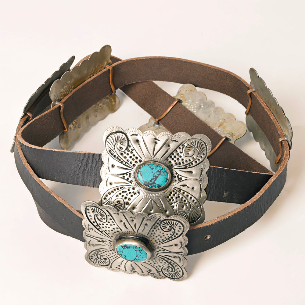 ADBLA106 Square Turquoise Concho Western Leather Belt with Scalloped Silver Accents