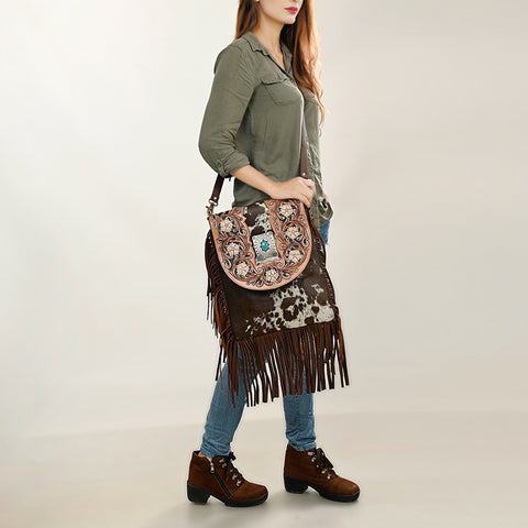 American Darling Hair-On Cowhide Fringed Messenger Bag Tooled Leather