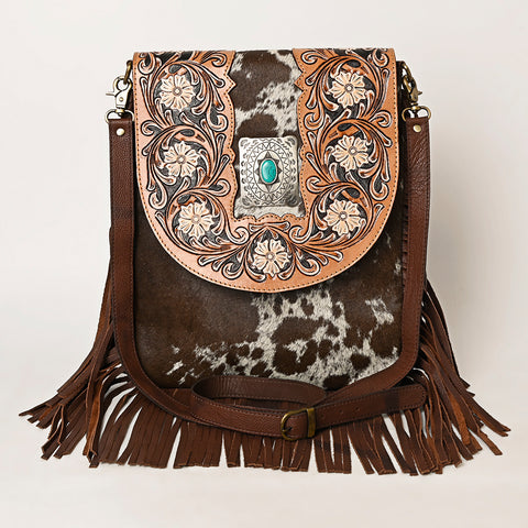 American Darling Hair-On Cowhide Fringed Messenger Bag Tooled Leather