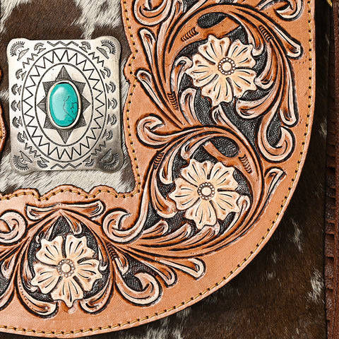American Darling Hair-On Cowhide Fringed Messenger Bag Tooled Leather