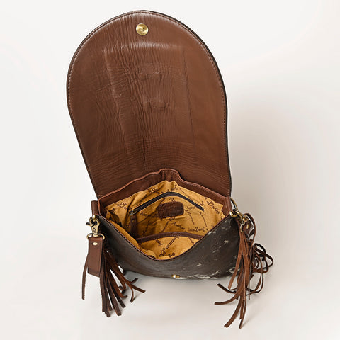 American Darling Hair-On Cowhide Fringed Messenger Bag Tooled Leather
