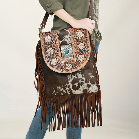 American Darling Hair-On Cowhide Fringed Messenger Bag Tooled Leather