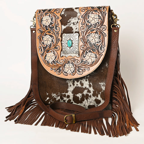 American Darling Hair-On Cowhide Fringed Messenger Bag Tooled Leather