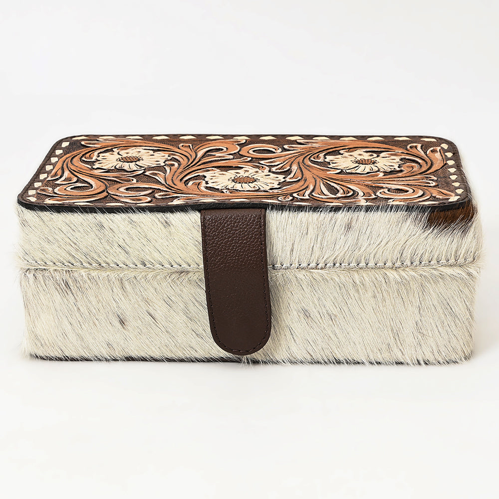 ADBGA422 Genuine Western Leather Jewelry Box Hand Tooled Floral & Cowhide by American Darling