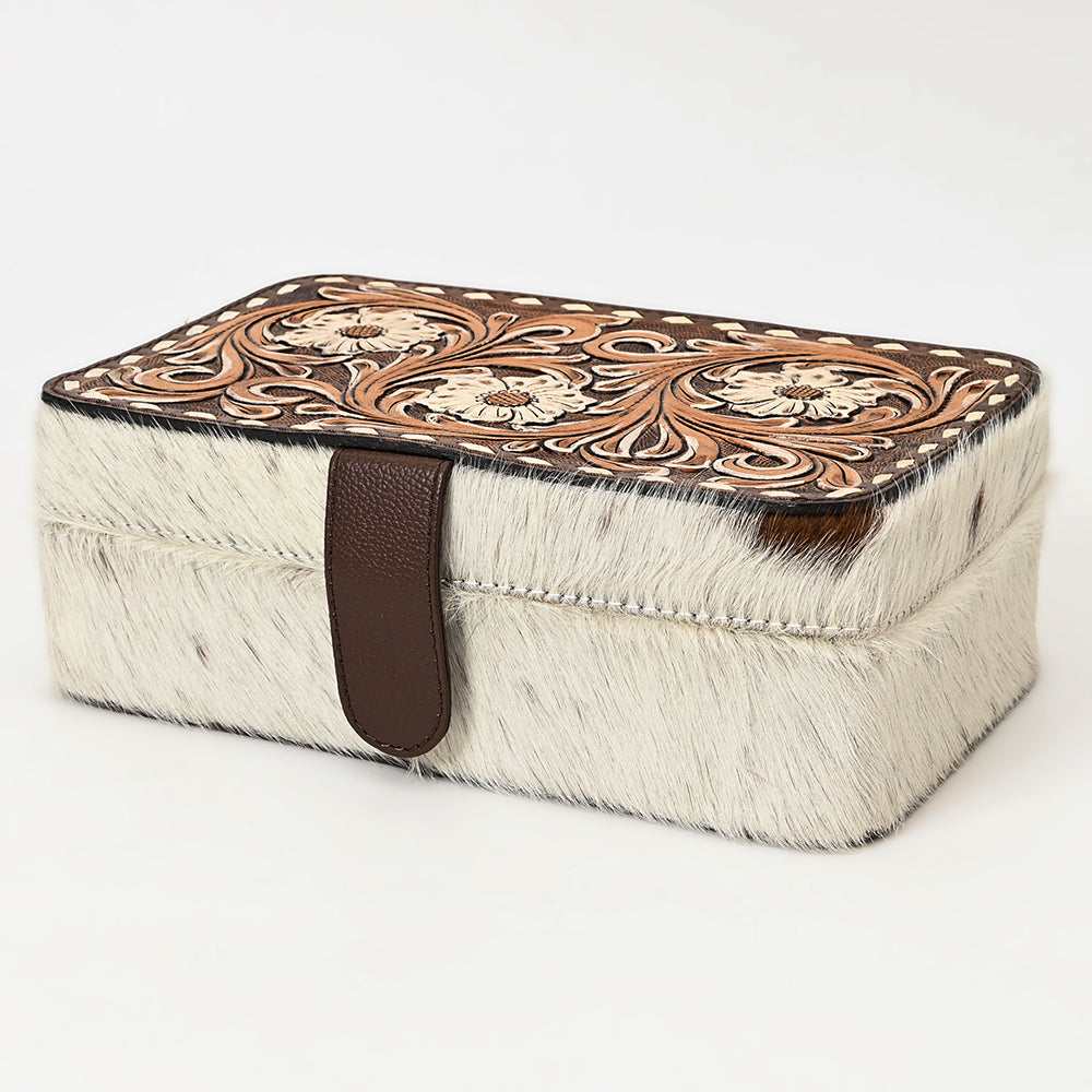 ADBGA422 Genuine Western Leather Jewelry Box Hand Tooled Floral & Cowhide by American Darling
