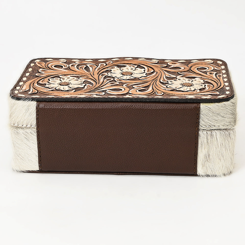 ADBGA422 Genuine Western Leather Jewelry Box Hand Tooled Floral & Cowhide by American Darling