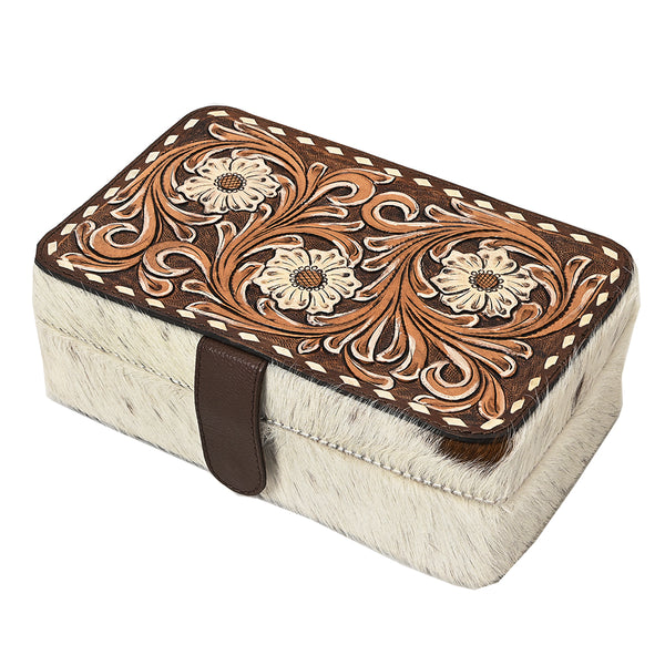 ADBGA422 Genuine Western Leather Jewelry Box Hand Tooled Floral & Cowhide by American Darling