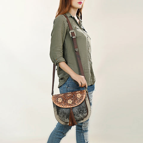 American Darling Hand Tooled Hair-On Cowhide Leather Cross body Bag