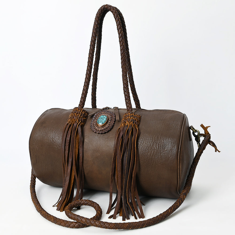 ADBGM356 Western Barrel Duffel Bag in Brown Leather with Turquoise Concho & Fringe - Handmade Travel Tote