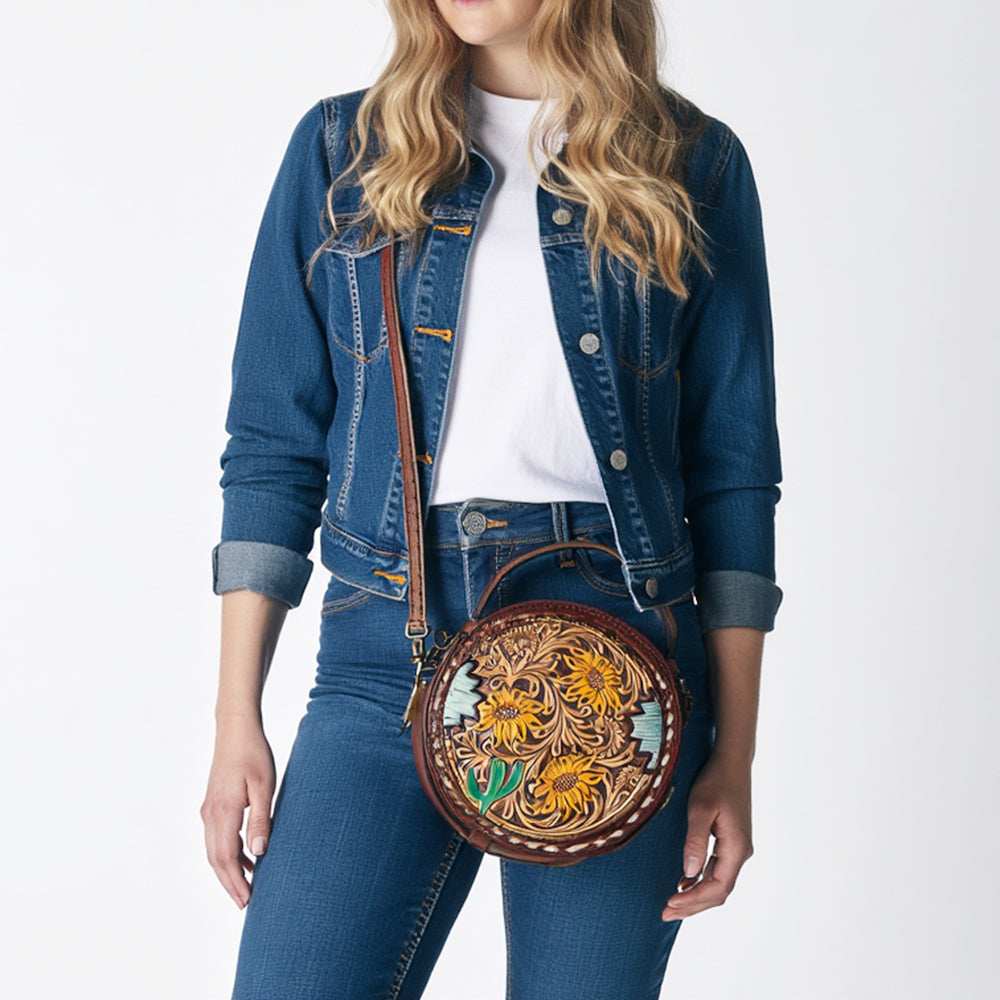 American Darling Western Tooled Leather Canteen Bag Floral Carved Inlay