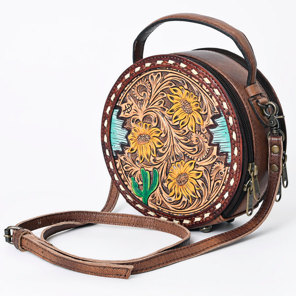ADBG1188 Round Hand-Tooled Leather Canteen Bag - Floral & Inlay Western Design