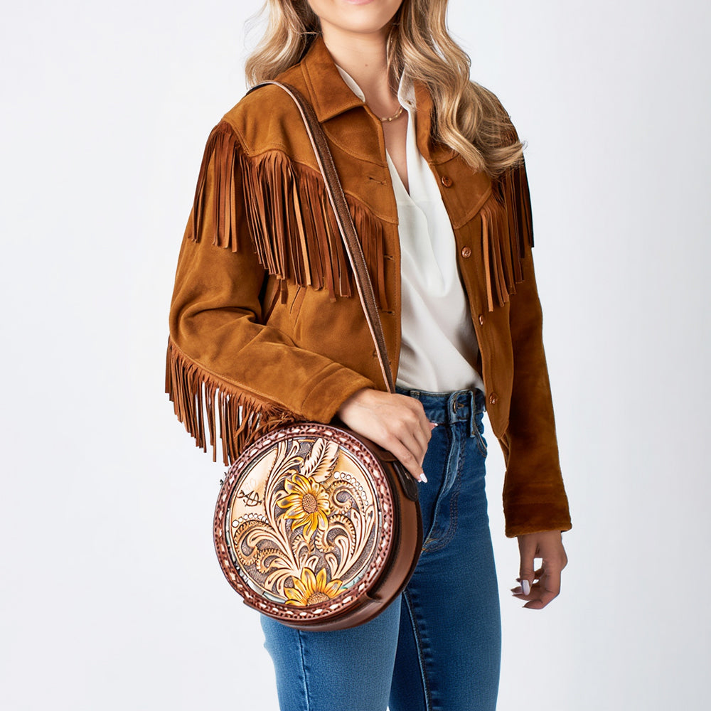 American Darling Western Tooled Leather Canteen Bag Floral Carved Inlay