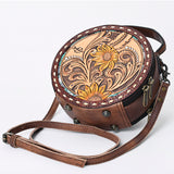 ADBG1188 Round Hand-Tooled Leather Canteen Bag - Floral & Inlay Western Design
