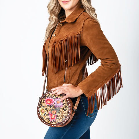 American Darling Western Tooled Leather Canteen Bag Floral Carved Inlay