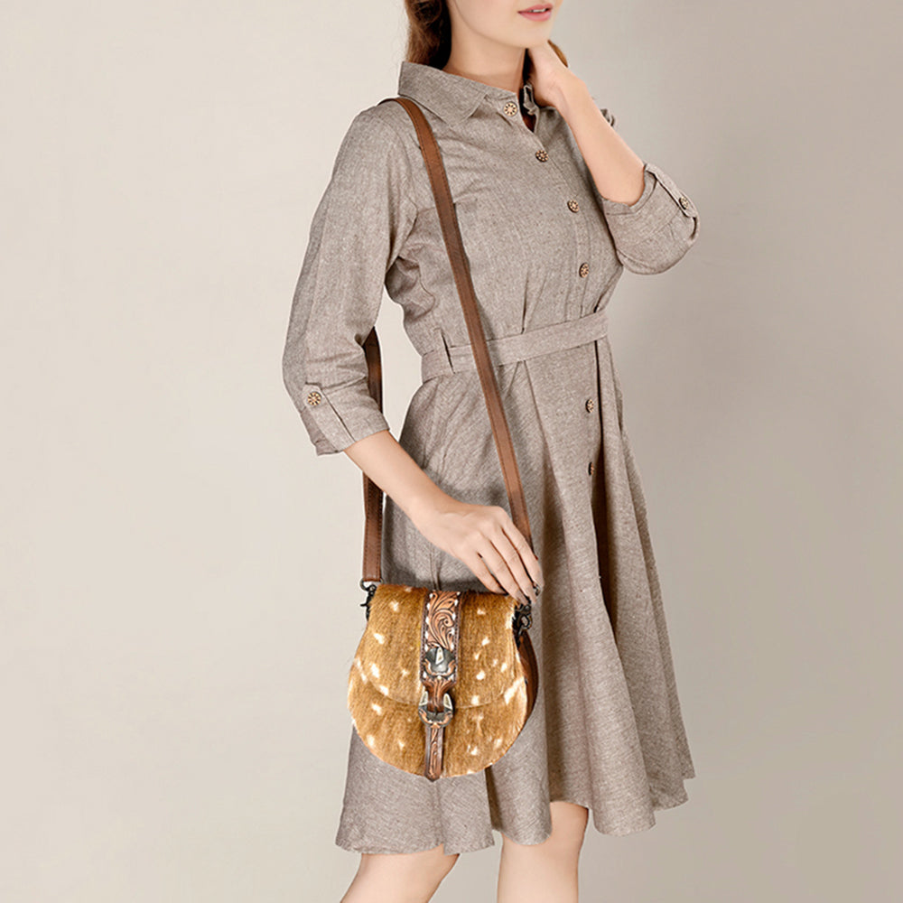 American Darling Hair-on and Hand-Tooled Genuine Leather Western Crossbody Bag