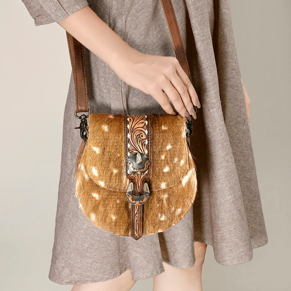 American Darling Hair-on and Hand-Tooled Genuine Leather Western Crossbody Bag