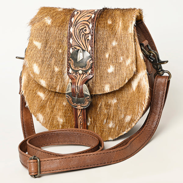 ADBG1222 Spotted Fur & Tooled Leather Western Crossbody Bag with Antique Buckle