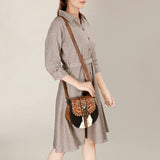 ADBG1222 Black & White Hair-On Hide Western Crossbody Bag with Tooled Leather Flap