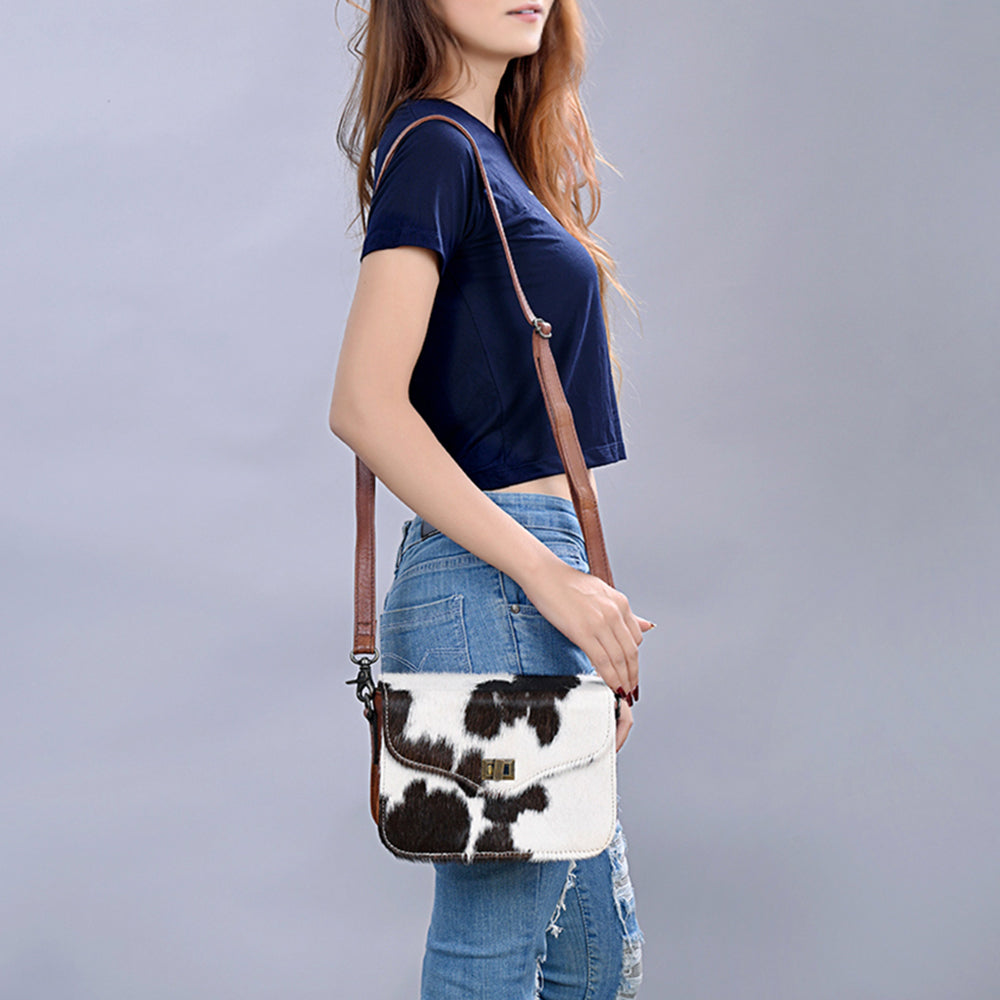 ADBG1225A Black & White Hair-On Cowhide Leather Crossbody Bag with Metal Clasp