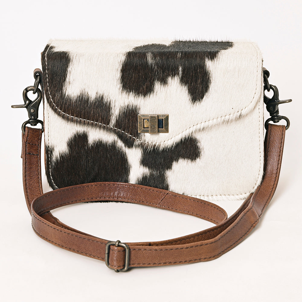 ADBG1225A Black & White Hair-On Cowhide Leather Crossbody Bag with Metal Clasp