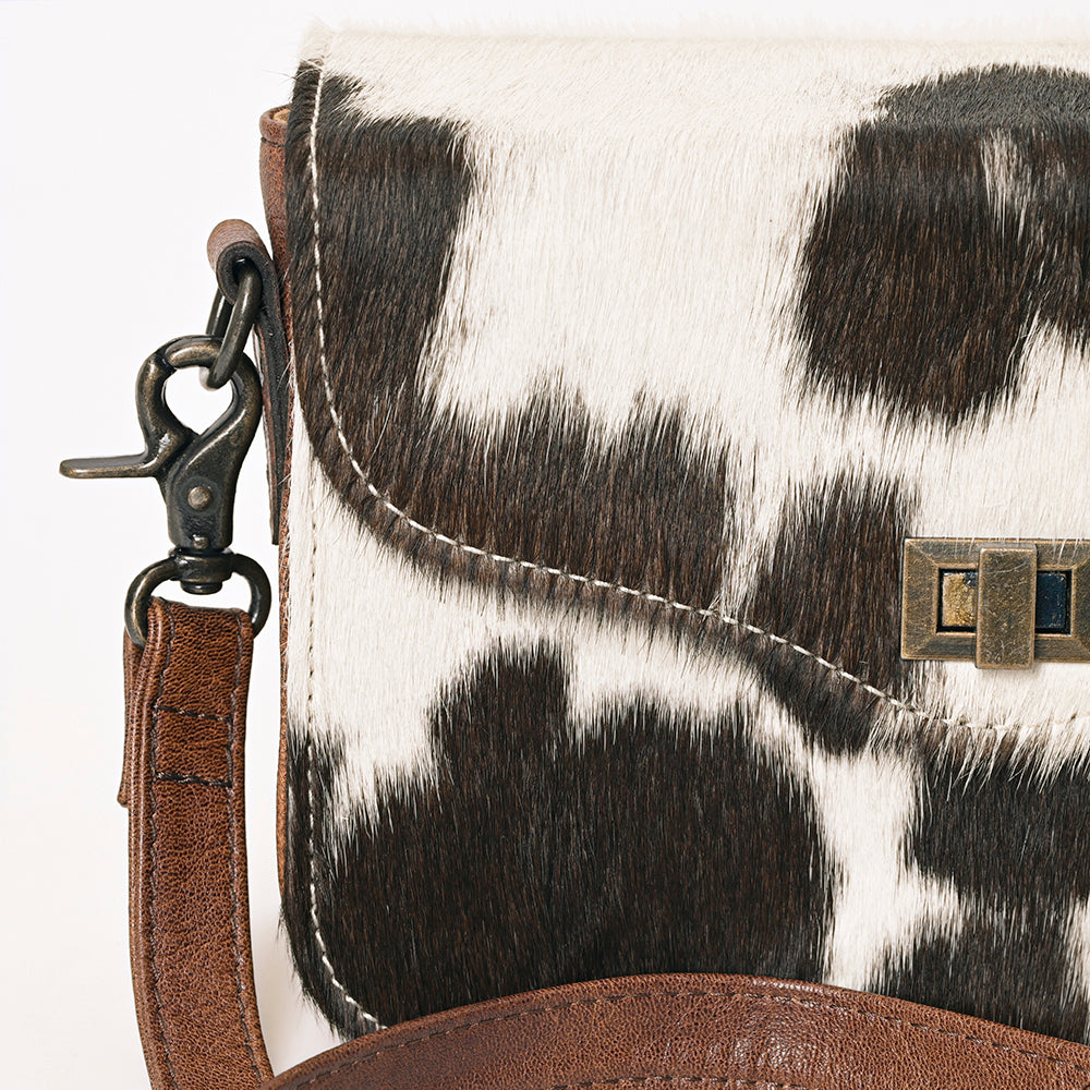 ADBG1225A Black & White Hair-On Cowhide Leather Crossbody Bag with Metal Clasp