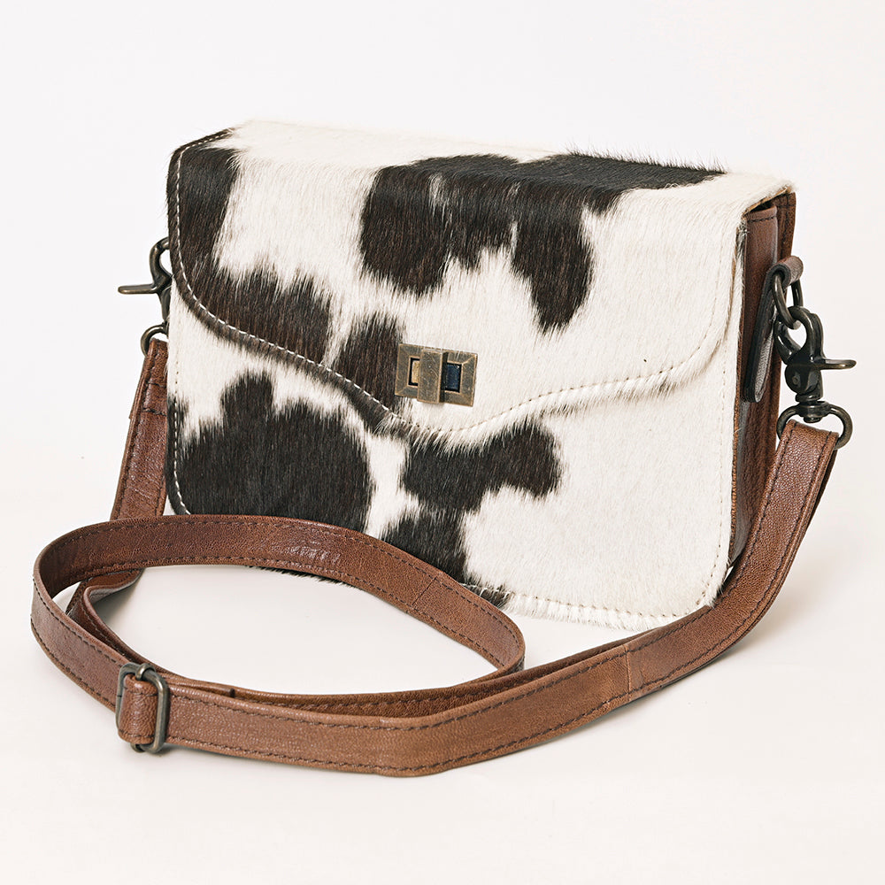 ADBG1225A Black & White Hair-On Cowhide Leather Crossbody Bag with Metal Clasp