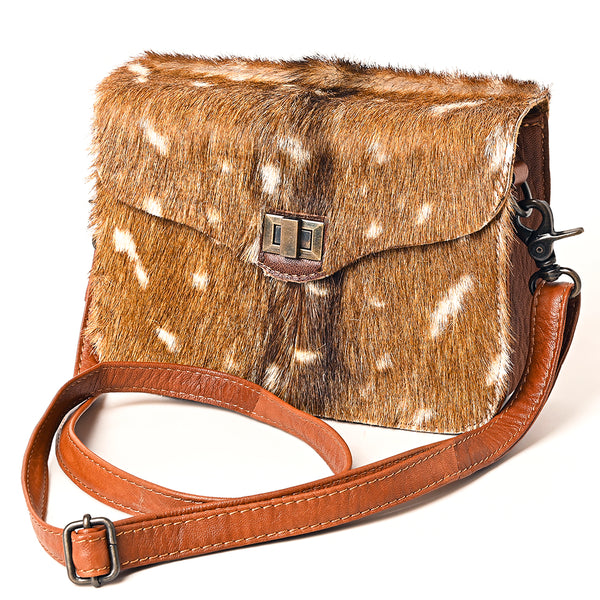 ADBG1225 Golden Spotted Hair-On Hide Leather Crossbody Bag with Metal Twist Lock