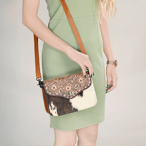 ADBG1225 American Darling Hand-Tooled Hair-On Cowhide Genuine Leather Western Crossbody Bag