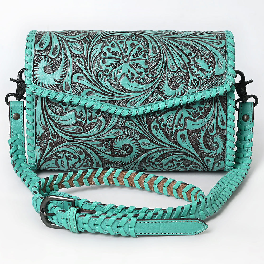 ADBGZ752 Natural Hand Tooled Leather Wallet Bag - Western Floral Whipstitch Purse